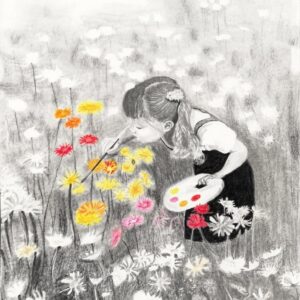 Little Artist in Flower Field Sketch Painting  12% off